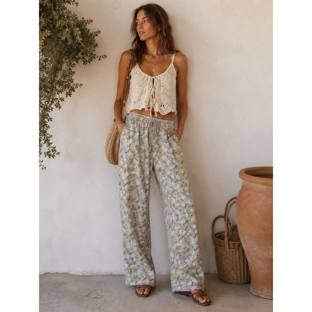 Uniqlo Lavender Yellow Floral Wide Leg Relaxed Pants L
